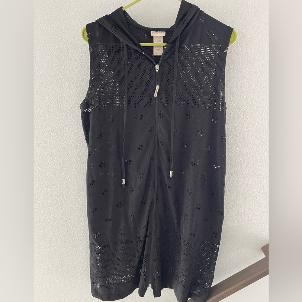 Black hooded swim coverup zip-up